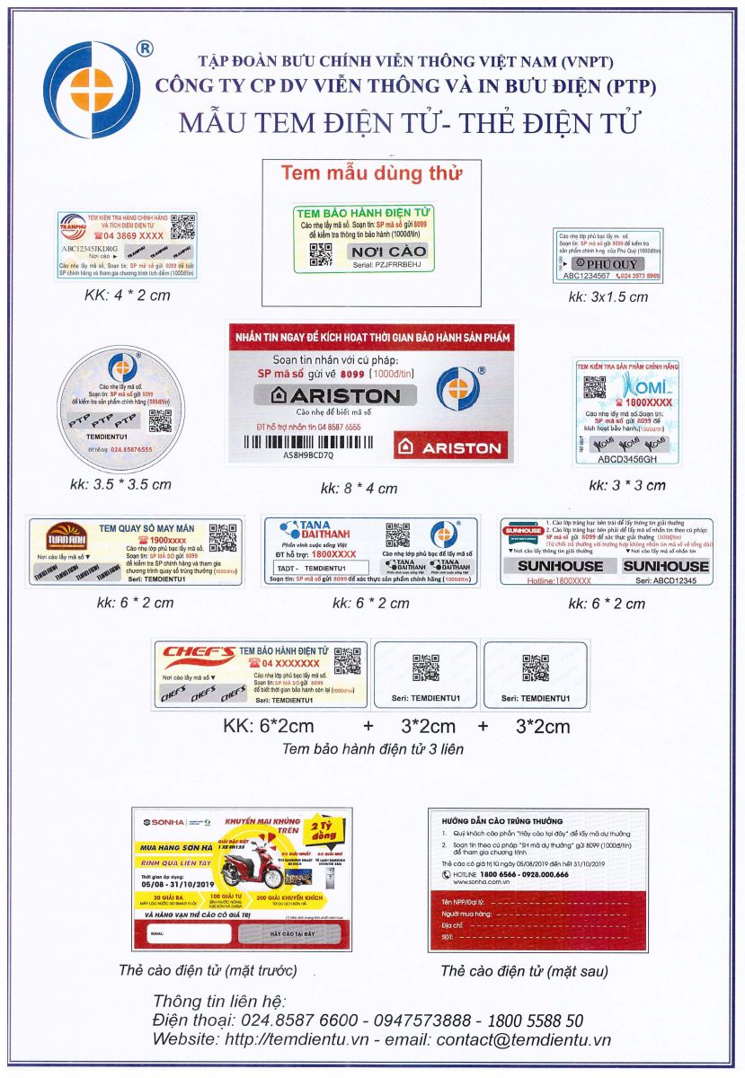Một số sản phẩm Tem chống giả - Tem xác thực nguồn gốc – Tem Qrcode – Tem điện tử phủ cào - Tem phủ cào sms – Tem bảo hành điện tử - Tem xác thực nguồn gốc không thể làm giả của PTP.